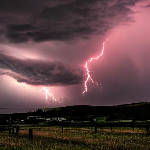 Prompt: a beautiful thunderstorm rolling over a small town, with the clouds illuminated slightly red, ominous, eerie, wayne barlow