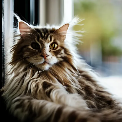 Prompt: portrait cream color maine coon cat curled up, bay window sofa, 8K, 4K, art, style of Matt Bors, by Antoine Blanchard, oversaturated lens flair, bokeh, sunbeam