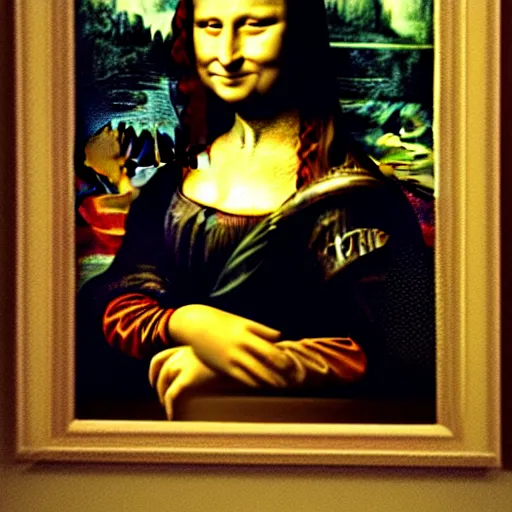 Prompt: the mona lisa painting where she is really really high and trying to hide it