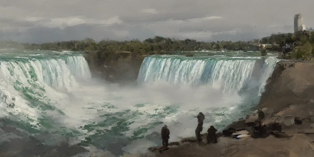 Prompt: painting of niagara falls by richard schmid, alla prima, loose gestural painterly, jeremy mann, greg manchess, craig mullins, jeffery catherine jones