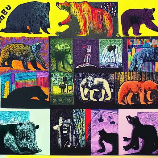 Prompt: Collage, vivid sound by Radiohead, bears, bears, modified bear, despot bears, ultra detailed, Tchock, by Tchock, by Stanley Donwood