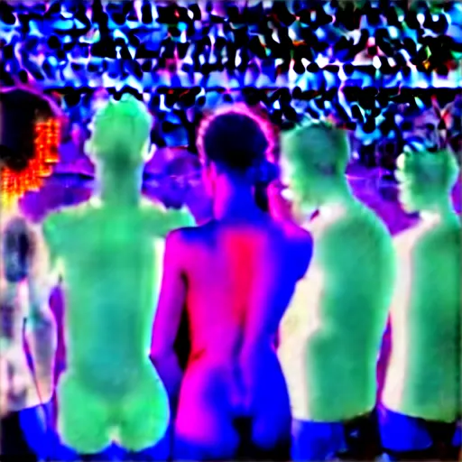 Image similar to diverse groups of humans with glowing electronic body implants projecting amazing images collectively, from behind, rebirth, beauty, wide angle, elaborate, wet, highly detailed, colors, beautiful lighting