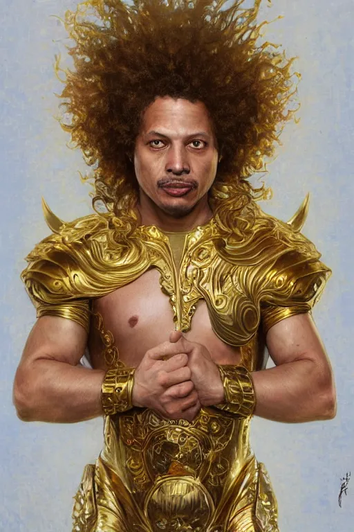 Image similar to eric andre in gold armor, gold hair, gold eyes, tanned skin, fantasy, intricate, highly detailed, digital painting, artstation, concept art, smooth, sharp focus, art by Artem Demura and Alphonse Mucha, ArtGerm, Valentina Remenar, Gaston Bussiere, Cedric Peyravernay