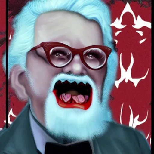 Image similar to colonel sanders as an angry deranged zombie, background is a kfc,