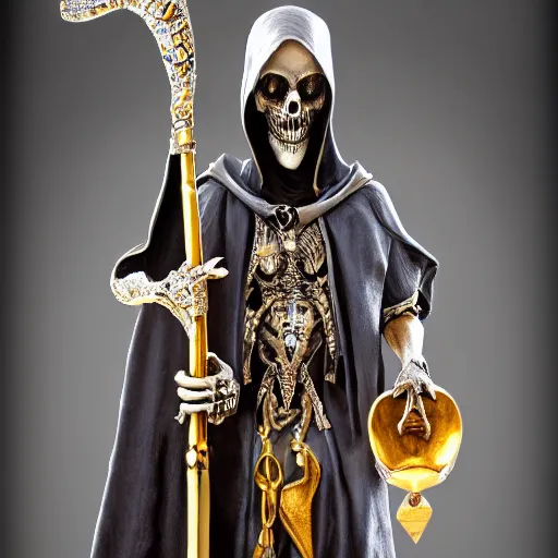 Prompt: grim reaper holding a fantast jewel encrusted scythe, highly detailed, 4k, HDR, smooth, sharp focus, hyper realistic, high resolution