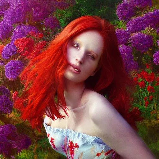 Prompt: a beautiful red haired woman in a garden, beautiful painting by irakli nadar