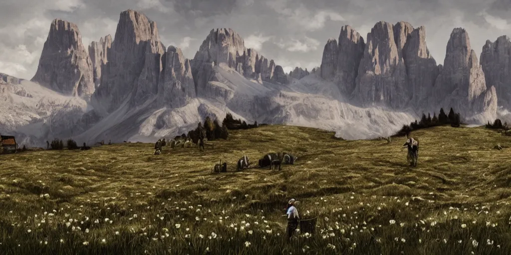 Prompt: old farmers turning into edelweiss ,roots and hay coat, dolomites in background, dark, eerie, despair, portrait photography, artstation, digital art, adward winning, concept art, artstation, highly detailed, sharp focus, by caravaggio