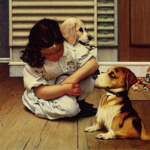 Image similar to A baby playing with her puppy dog, artwork by Norman Rockwell, cinematic composition