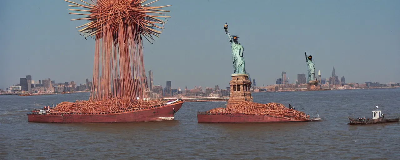 Image similar to a large ship transporting spaghetti in hudson river, background of the statute of liberty, canon 5 0 mm, photography, film, kodachrome