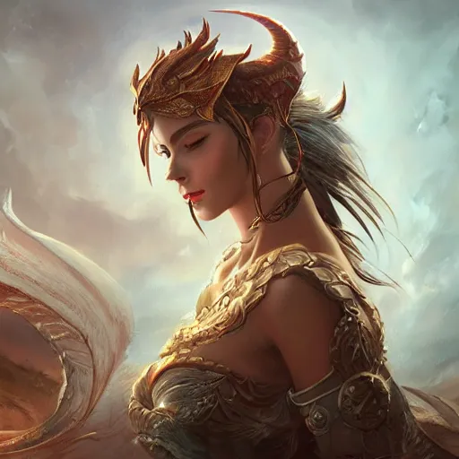 Prompt: A stunning comic book style portrait painting of a dragon goddess, wide view, by WLOP, 8k masterpiece, cinematic lighting, pristine and clean design, high fantasy, insanely detailed, atmospheric,