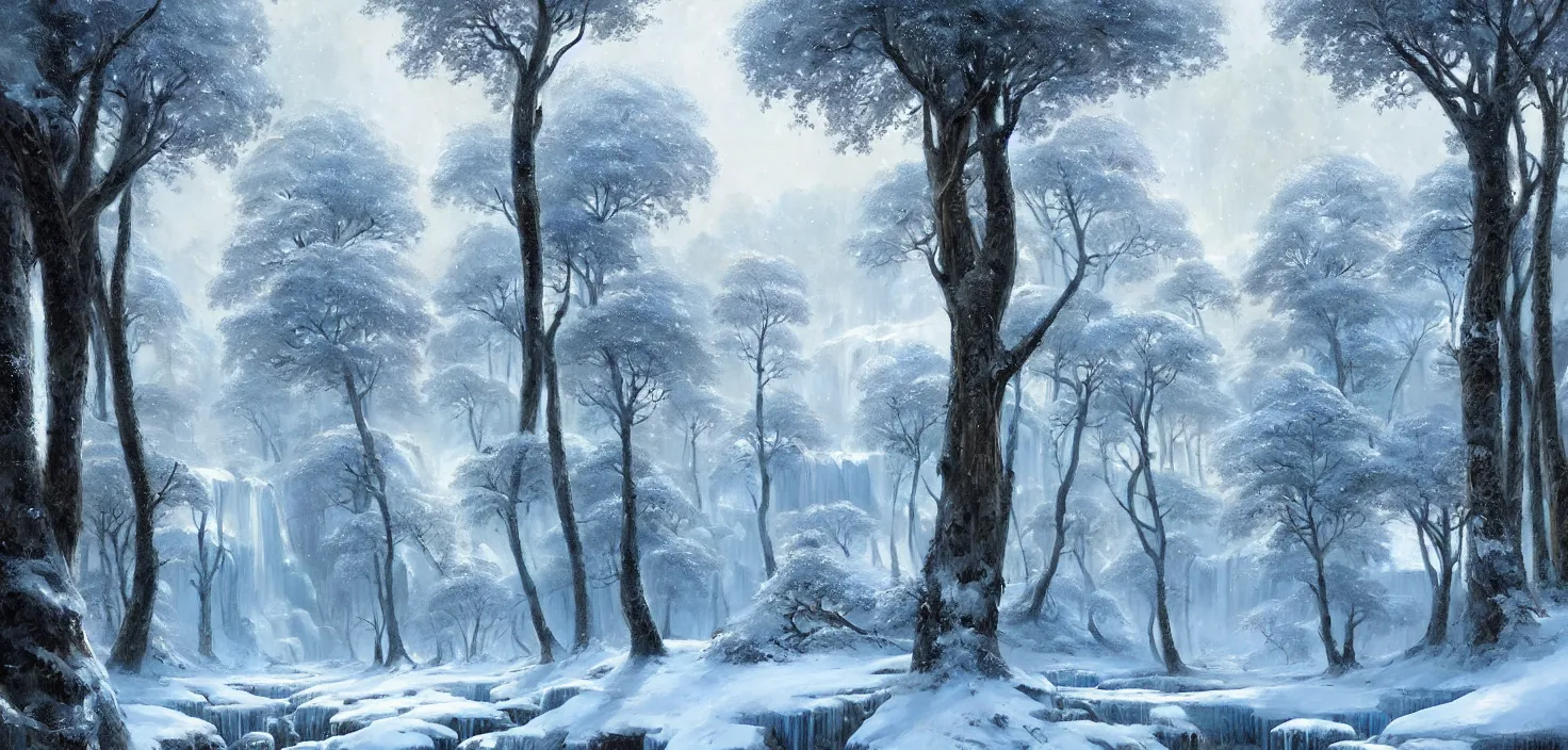 Image similar to the most beautiful panoramic landscape, oil painting, where a giant dreamy waterfall is frozen, the trees around have snow over their leafs, by greg rutkowski