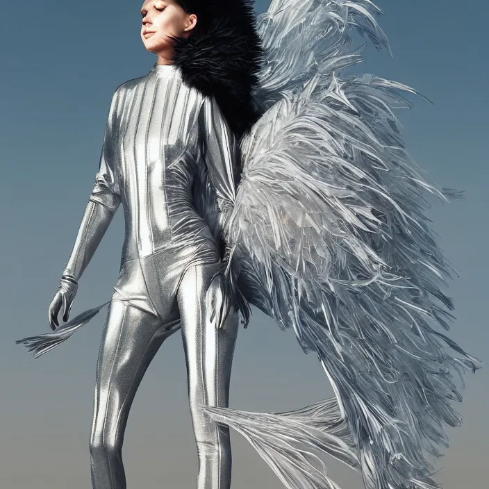 Image similar to metallic neoprene woman, feathered, nylon fashion, designed by wlop, by greg rutkowski, by santiago calatrava