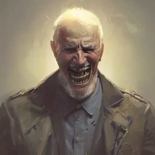 Prompt: old man portrait, hand grenade in his teeth, greg rutkowski art