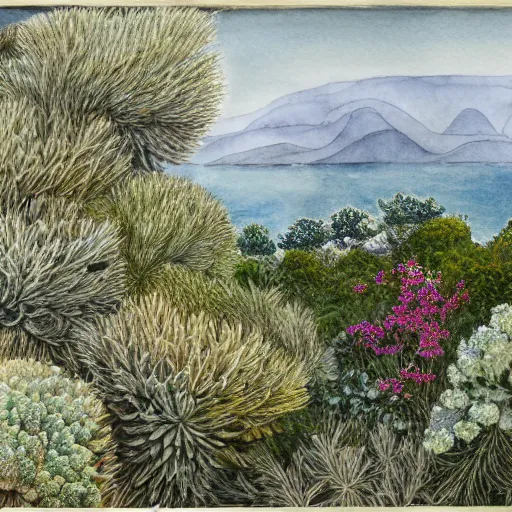 Image similar to delicate coastline mountain garden on paper, stony, puffy, botanical herbarium, botanic watercolors, iridescent, 8 k wide angle, realistic shaded, fine details, artstation, italian, colonnade, oak tree, pinecone, pomegranade, hydrangea, vines, gardena architecture, pompeian, sicilian