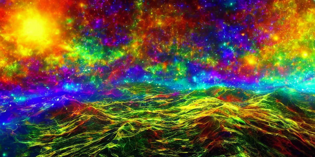 Image similar to realistic scene of cosmic psychedelic trip, golden, ultra realistic, 8 k