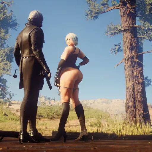 Prompt: Film still of 2B nier automata in Red Dead Redemption 2 (2018 video game), medium full shot, detailed skin and thick thighs, artstation, artstation hq, hd, 4k