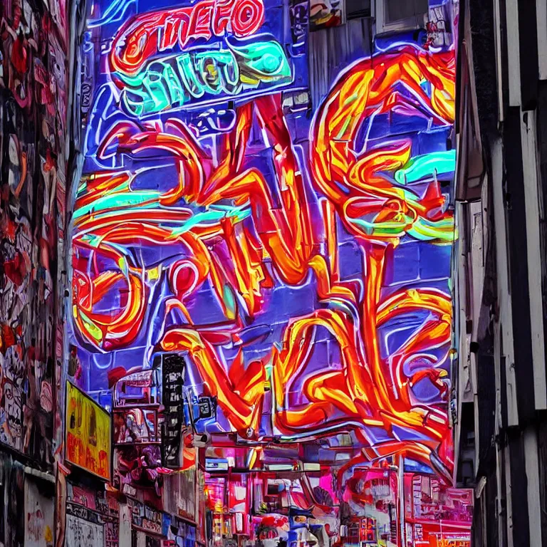 Image similar to Street-art painting on the wall in neon Tokio, photorealism