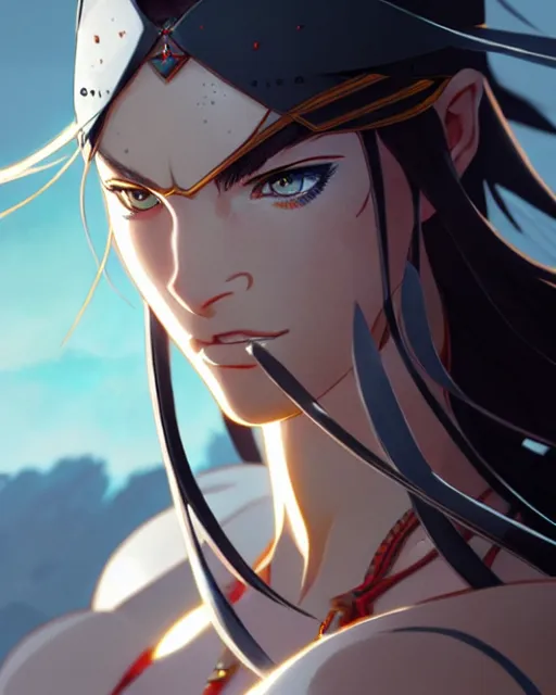 Prompt: azctec warrior, megan fox, detailed perfect face, exquisite details, fire magic, mid view, design on a white background, by studio muti, greg rutkowski makoto shinkai takashi takeuchi studio ghibli