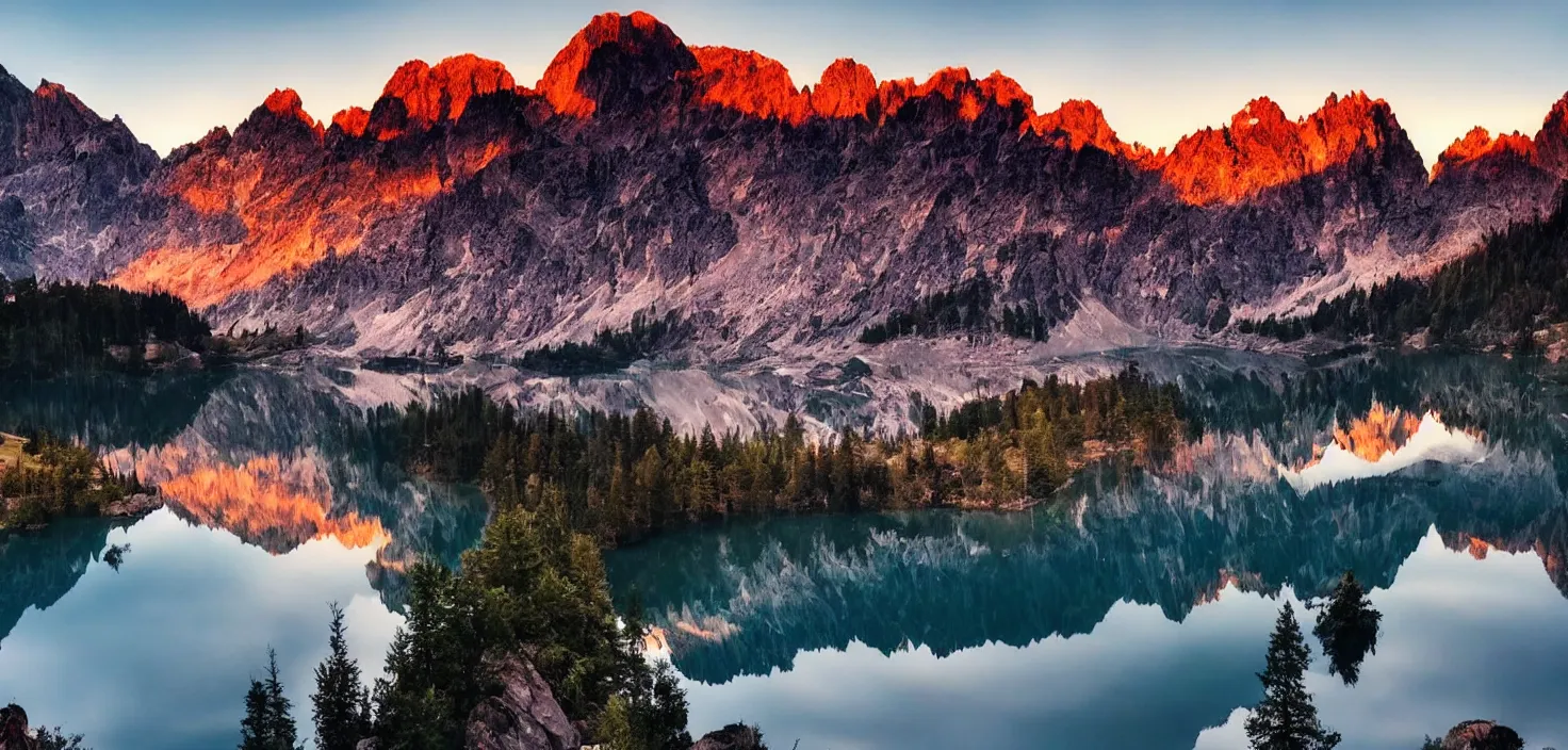 Prompt: amazing landscape photo of mountains with lake in sunset, beautiful dramatic lighting