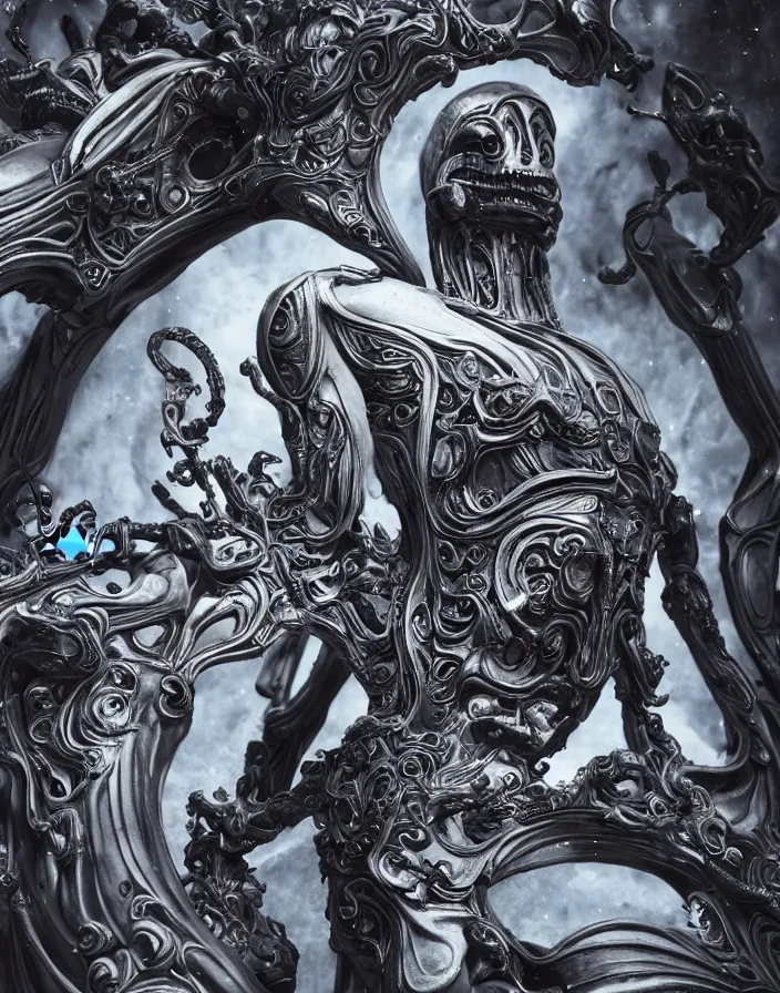 Image similar to engineer prometheus, xenomorph alien, highly detailed, symmetrical long head, smooth marble surfaces, detailed ink illustration, raiden metal gear, cinematic smooth stone, deep aesthetic, concept art, post process, 4k, carved marble texture and silk cloth, latex skin, highly ornate intricate details, prometheus, evil, moody lighting, hr geiger, hayao miyazaki, indsutrial Steampunk