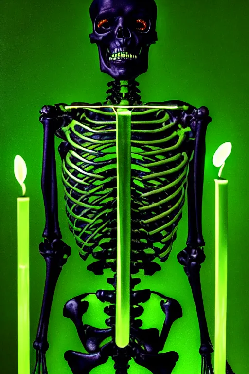 Image similar to portrait of a cybernetic skeleton holding one hand aloft, glowing green candles, oil painting, high detail, dark lighting, atmospheric, extremely detailed, intricate, da vinci, michelangelo, caravaggio, hans holbein, raphael, donatello, 8 k