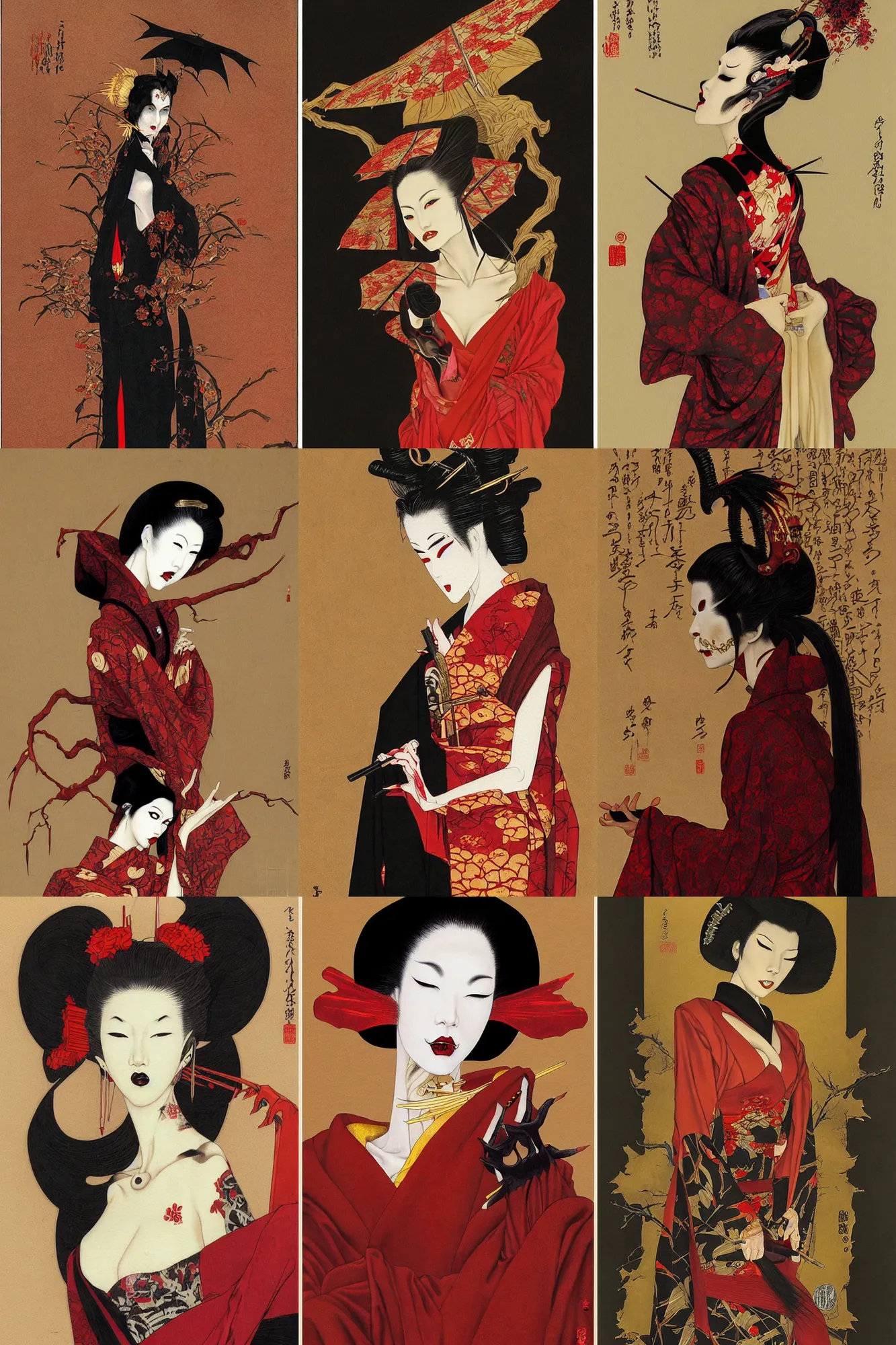 Prompt: painting of a geisha vampire with a long neck by brain froud, dave dorman, takato yamamoto in the style of dark - fantasy, red, gold black