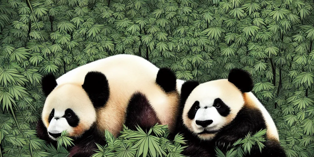Image similar to beautiful aesthetic digital illustration of a relaxed panda surrounded by an endless forest of weed wlop and Julia Razumova, realistic, photorealistic, hyperrealistic, unreal engine, octane, deviantArt, trending on artstation, artstation HQ