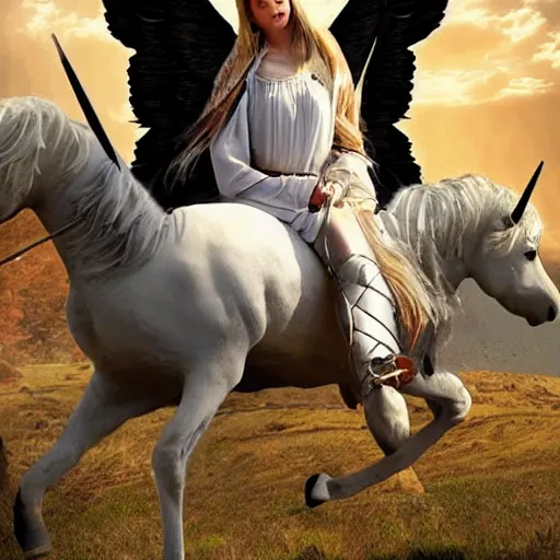 Prompt: photo of a beautiful angel warrior riding a unicorn into battle