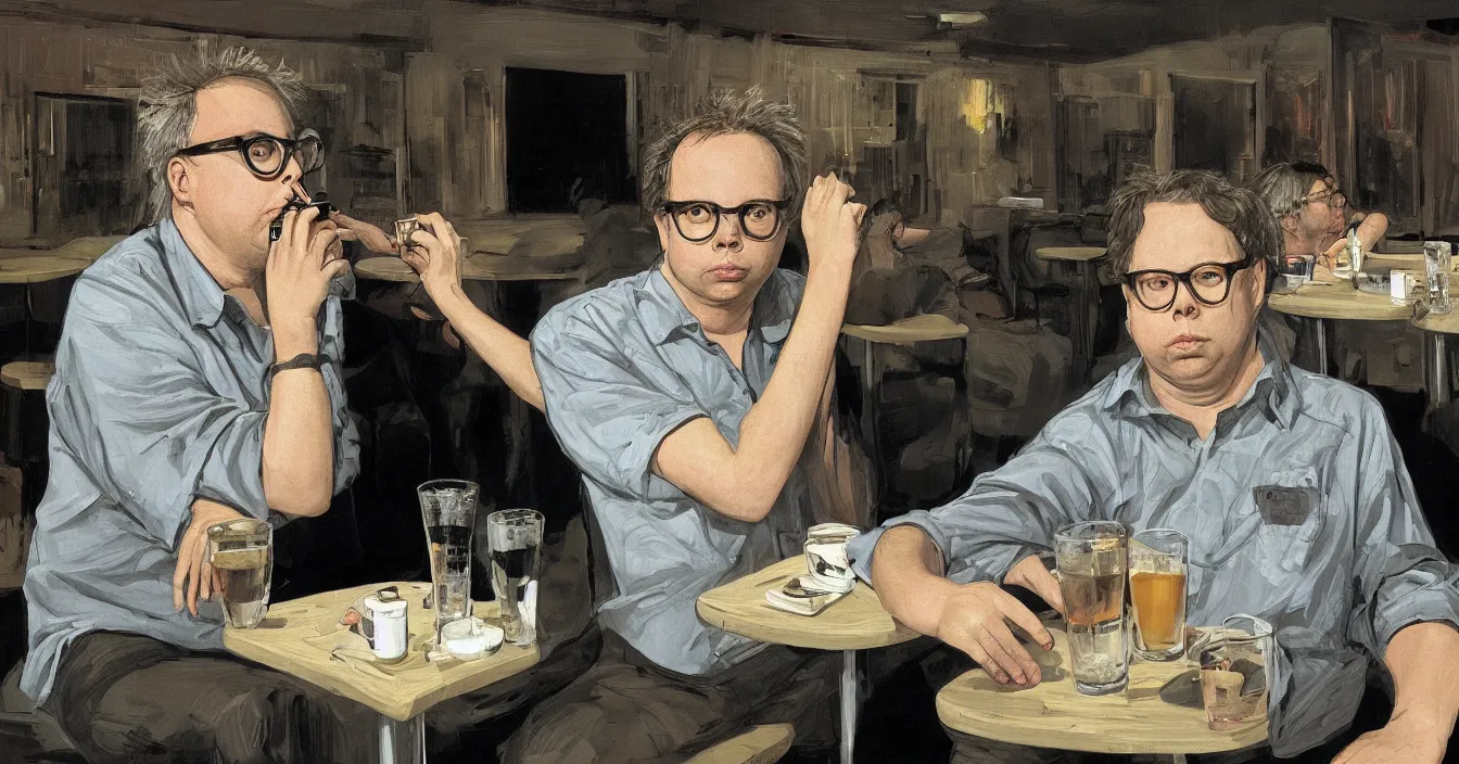 Image similar to todd solondz and bill hics, high quality high detail image of todd solondz sitting with bill hicks in an empty caffe bar in tel aviv, clear sharp face of todd solondz, clear sharp face of bill hicks, drinking and smoking, night, by lucian freud and gregory crewdson and francis bacon, hd, photorealistic lighting