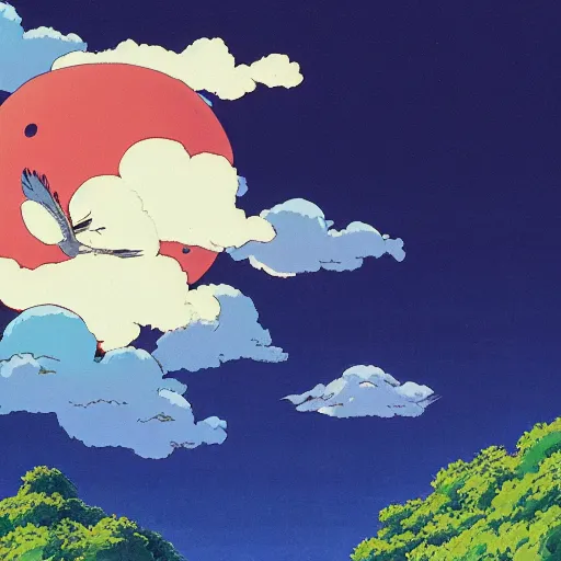 Prompt: studio ghibli art of a bird flying through a surreal sky, cotton clouds, river of wine, weird creatures, talking trees, at night, studio ghibli style