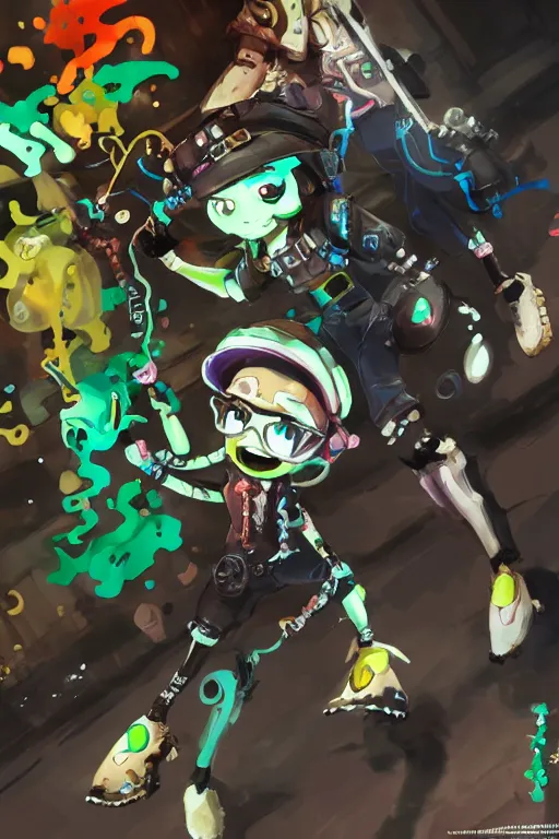 Prompt: splatoon nintendo one character dynamic poses digital painting on canvas, victorian steampunk, yoji shinkawa, yoshitaka amano, cyberpunk, trending on artstation, featured on pixiv, cinematic composition, 8 k