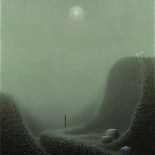 Prompt: thick fog, stones in the sky, zdzislaw beksinski