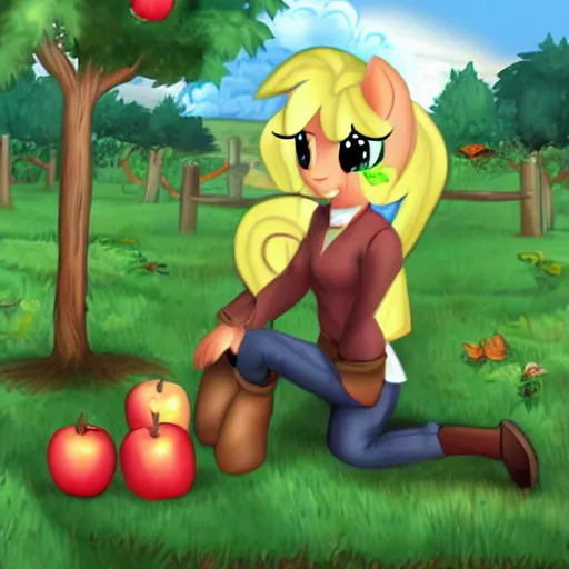 Prompt: Applejack rearing up in an apple orchard, Earth Pony, Equestria, MLP:FIM
