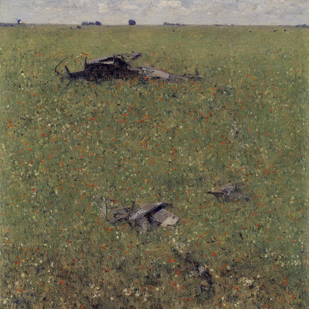 Prompt: smoking wreckage of a crashed spaceship in a field of wildflowers by Jules Bastien-Lepage, Kazimir Malevich