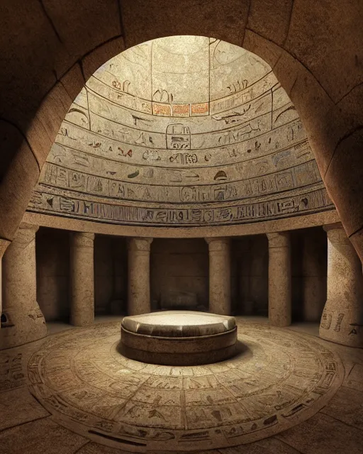 Image similar to greg rutkowski digital painting of an ornate and royal egyptian antechamber tomb, a circular pool in the tomb showing the galaxy, unreal engine, hyper realism, realistic shading, cinematic composition, blender render, octane render, hdr, detailed textures, photorealistic, ultrawide shot, 3 5 mm film