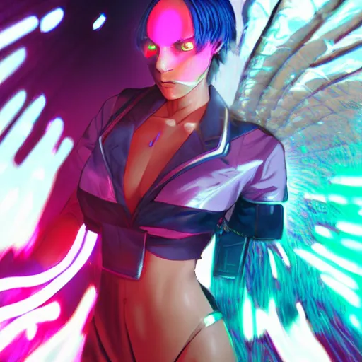 Prompt: colored pencil, anime cyberpunk art, beautiful full body female cyborg - angel, red to blue to purple fade, glowing red left eye and glowing blue right eye, advanced digital cyberpunk art, wlop, rossdraws sakimimichan, ilya kuvshinov, krenz cushart, greg rutkowski - c 1 7