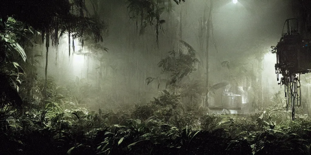 Image similar to film still of a dark scientific research outpost with complicated machinery in a moist foggy jungle, science fiction, ridley scott, lights through fog, futuristic outpost building, wet lush jungle landscape, dark sci - fi, 1 9 8 0 s, beige and dark atmosphere, ridley scott