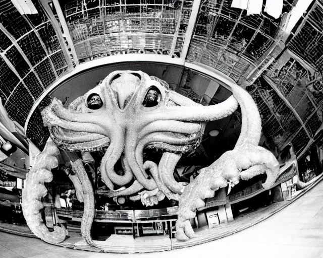 Image similar to camera footage of a extremely aggressive Giant mutated Octopus with glowing white eyes, Human Features, Teeth, in an abandoned shopping mall, Psychic Mind flayer, Terrifying, Silhouette :7 , high exposure, dark, monochrome, camera, grainy, CCTV, security camera footage, timestamp, zoomed in, Feral, fish-eye lens, Fast, Radiation Mutated, Nightmare Fuel, Wolf, Evil, Bite, Motion Blur, horrifying, lunging at camera :4 bloody dead body, blood on floors, windows and walls :5