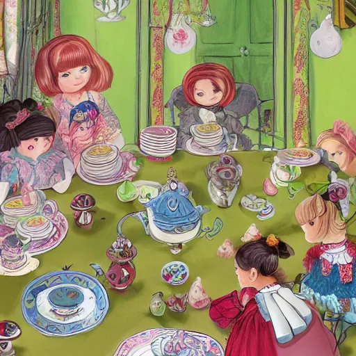 Image similar to A highly detailed and beautiful illustration of an Alice in Wonderland style tea party, with stunningly realistic and sharp focus close up details, by Lulu Chen, for a top-rated and award winning children's book