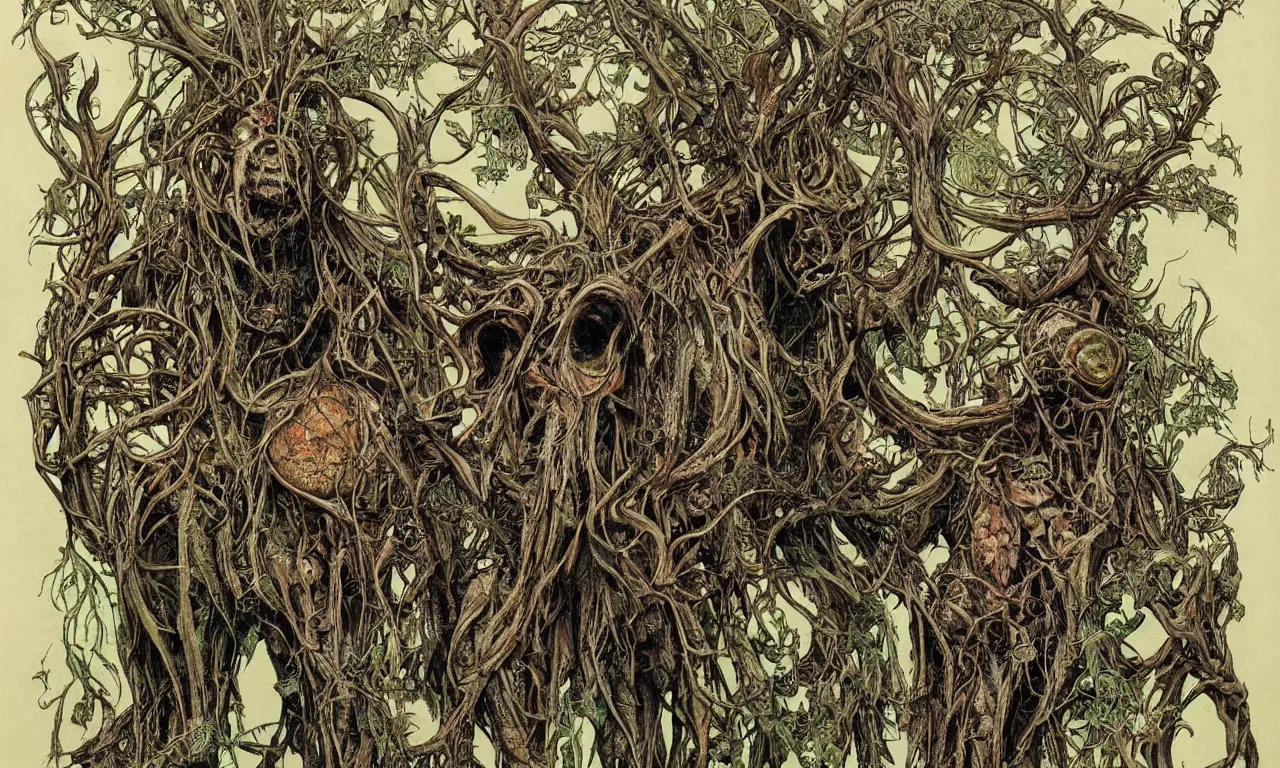 Image similar to hyperdetailed art nouveau portrait of treebeard and swamp thing as a cthulhu eyeball moose skull wendigo swamp thing creatures, by michael kaluta, pushead and bill sienkiewicz, photorealism, claws, skeleton, antlers, fangs, forest, wild, bizarre, scary, lynn varley, lovern kindzierski, steve oliff