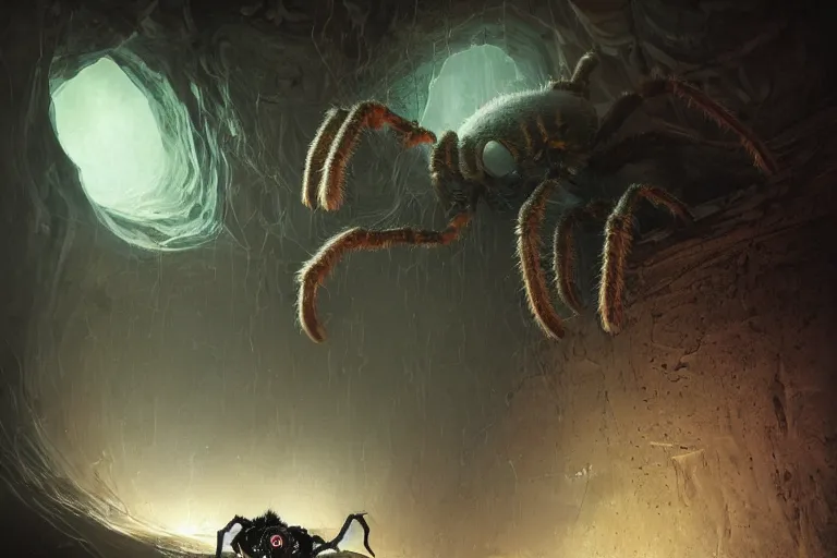 Prompt: a close - up view of a monstrous tarantula in a dark foreboding tunnel, with cobwebs, with a tiny human explorer with a lamp, in the style of peter mohrbacher, dramatic lighting, atmospheric, low angle, wide angle, hyper - realistic, concept art, highly detailed digital painting, trending on artstation