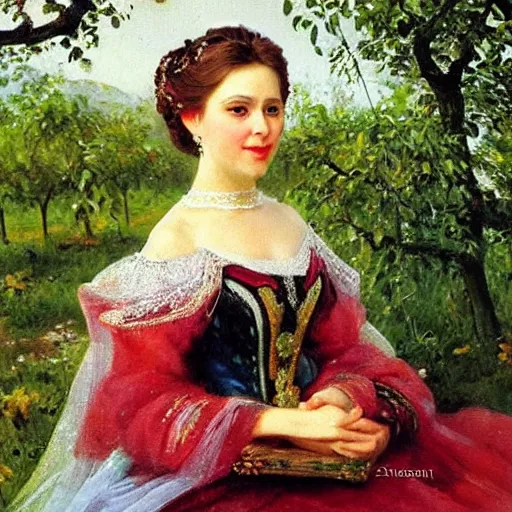 Image similar to portrait of princess elsa outside in an orchard, painted by nikolay makovsky, detailed