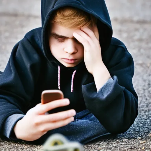 Image similar to a young boy with long greasy hair, wearing a black hoodie, looking down at his phone and slouching