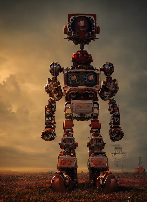 Image similar to Giant It Clown robot on a dusky land, cinematic shot, intricate, ornate, photorealistic, ultra detailed, realistic, 100mm, photography, octane, high definition, depth of field, bokeh, 8k, artstation