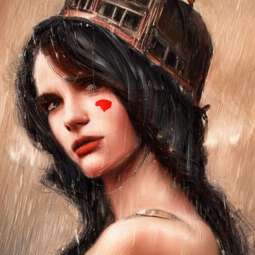 Image similar to anna carlos as a hot girl on a train, detailed lace dress, gorgeous face portrait, expressive oil painting, matte art, trending on artstation, rainy weather