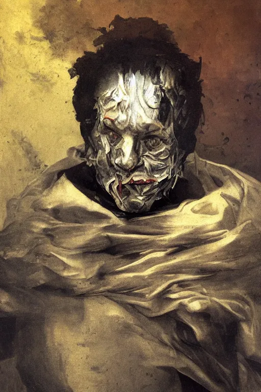 Image similar to mysterious portrait of medici coming out from the dark void, face partially melting like glitching out LSD effect, the face breaking down like a flower glitch, figure in the darkness of renaissance, Francisco Goya, painted by John Singer Sargant, Adrian Ghenie, style of Francis Bacon, highly detailed, 8k, trending on artstation