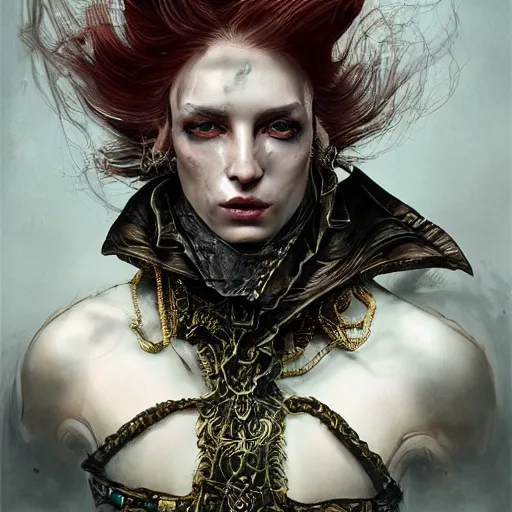 Image similar to portrait, headshot, insanely nice professional hair style, dramatic hair color, digital painting, of a old 17th century, old cyborg merchant, amber jewels, baroque, ornate clothing, scifi, realistic, hyperdetailed, chiaroscuro, concept art, art by Franz Hals and Jon Foster and Ayami Kojima and Amano and Karol Bak,