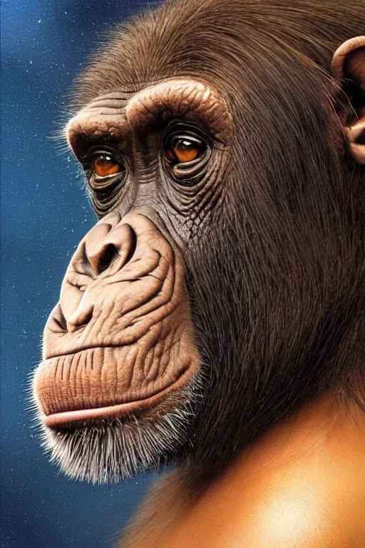 Prompt: photorealistic portrait photograph of a chimpanzee as a glorious regal space king, sleek outfit, upper body, fantasy, handsome, depth of field, soft focus, highly detailed, intricate, realistic, national geographic cover, soft glow, textured, artstation, concept art, sharp focus, illustration, art by artgerm and greg rutkowski and alphonse mucha