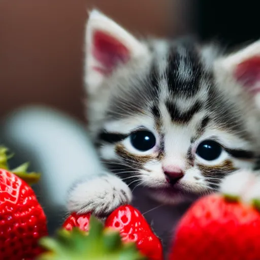 Image similar to macro shot photograph of an extremely tiny baby kitten lying on top of a gigantic strawberry