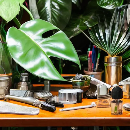 Image similar to A close-up shot of a metal table with laboratory tools and materials in an abandoned biopunk laboratory, plants everywhere, jungle themed, monstera, life, biological experiments,